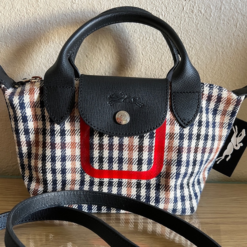 Longchamp top handle crossbody in tweed. Used once. Use with or without strap.